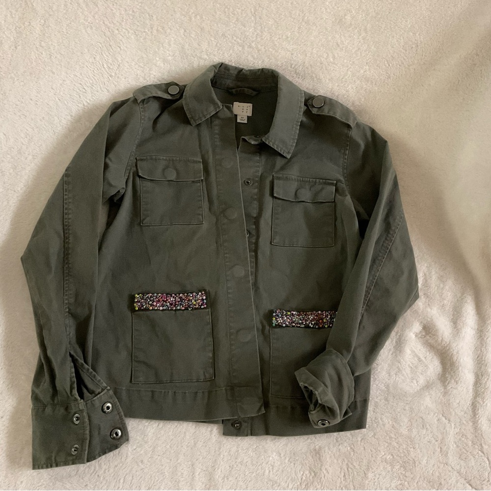 Olive Green Military Style Jacket with Sequin Accents